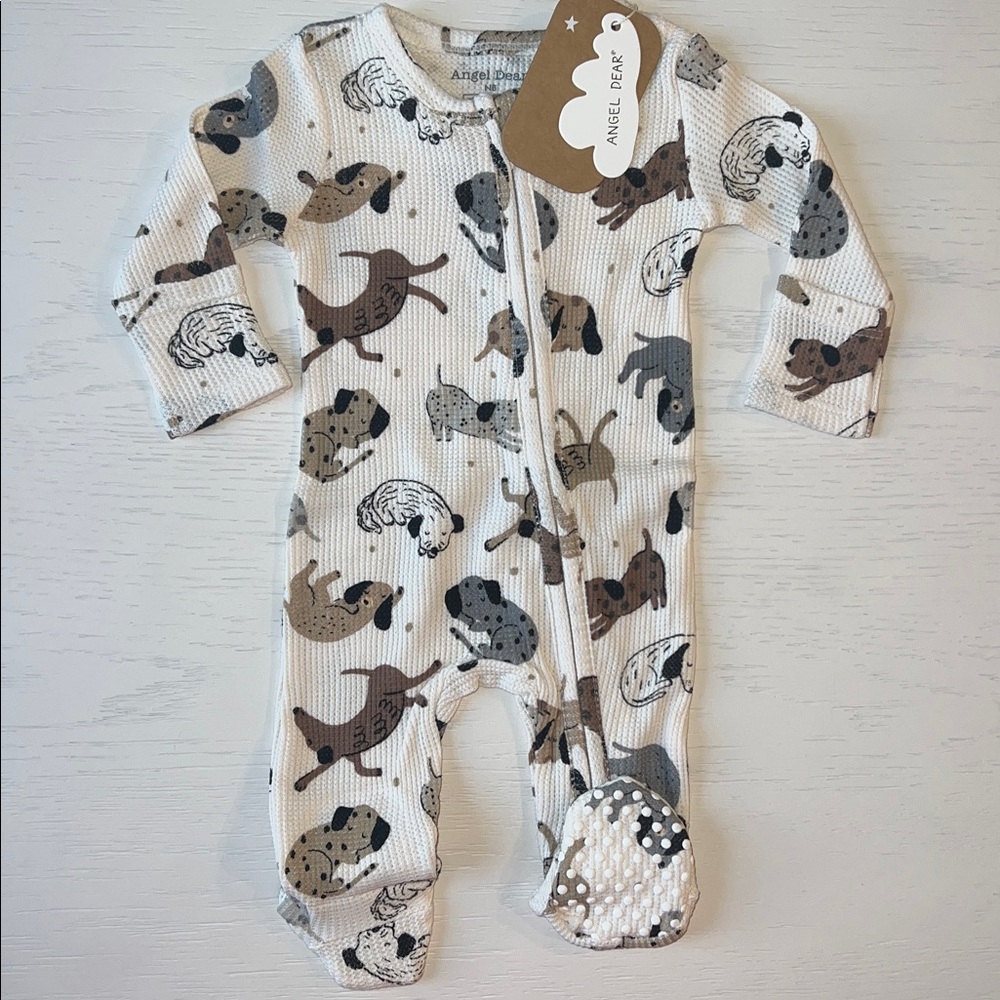 Angel Dear Neutral Dogs Cozy Pups Waffle Footie Newborn 0-3 months